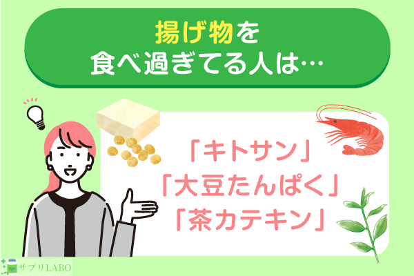 揚げ物を食べ過ぎている人は「キトサン」「大豆たんぱく」「茶カテキン」